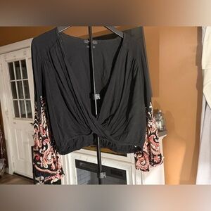 Miss Me Cropped Boho Black Wrap Style Top with Embroidered Sleeves Size M